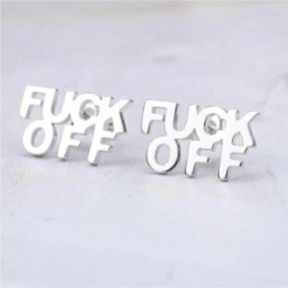 Silver Stainless Steel Letter Stud F*uck off Earrings